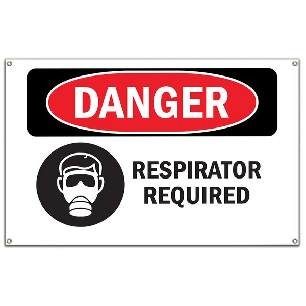 OSHA Danger Sign, Respirator Required, 60 in Banner, 14" W, 10" H, Respirator Required